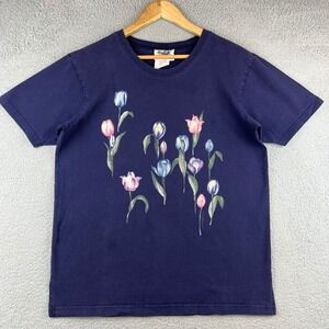 Vintage Northern Reflections women's  Blue Tulip Print Short Sleeve T-Shirt M